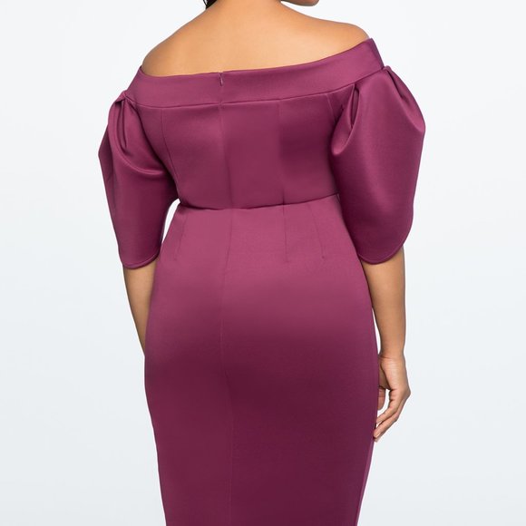 { Eloquii Dress } Plum Wine Tulip Sleeved Knee Length - Picture 3 of 9